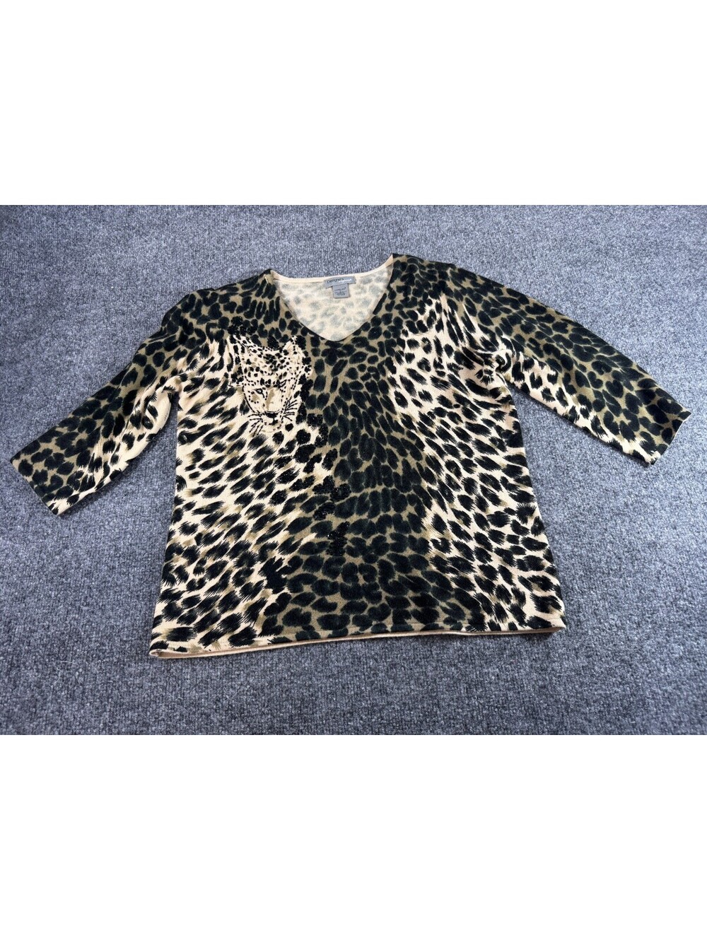 Designer Originals Luxelon Women's Sweater L Black Brown Leopard Beaded Pullover